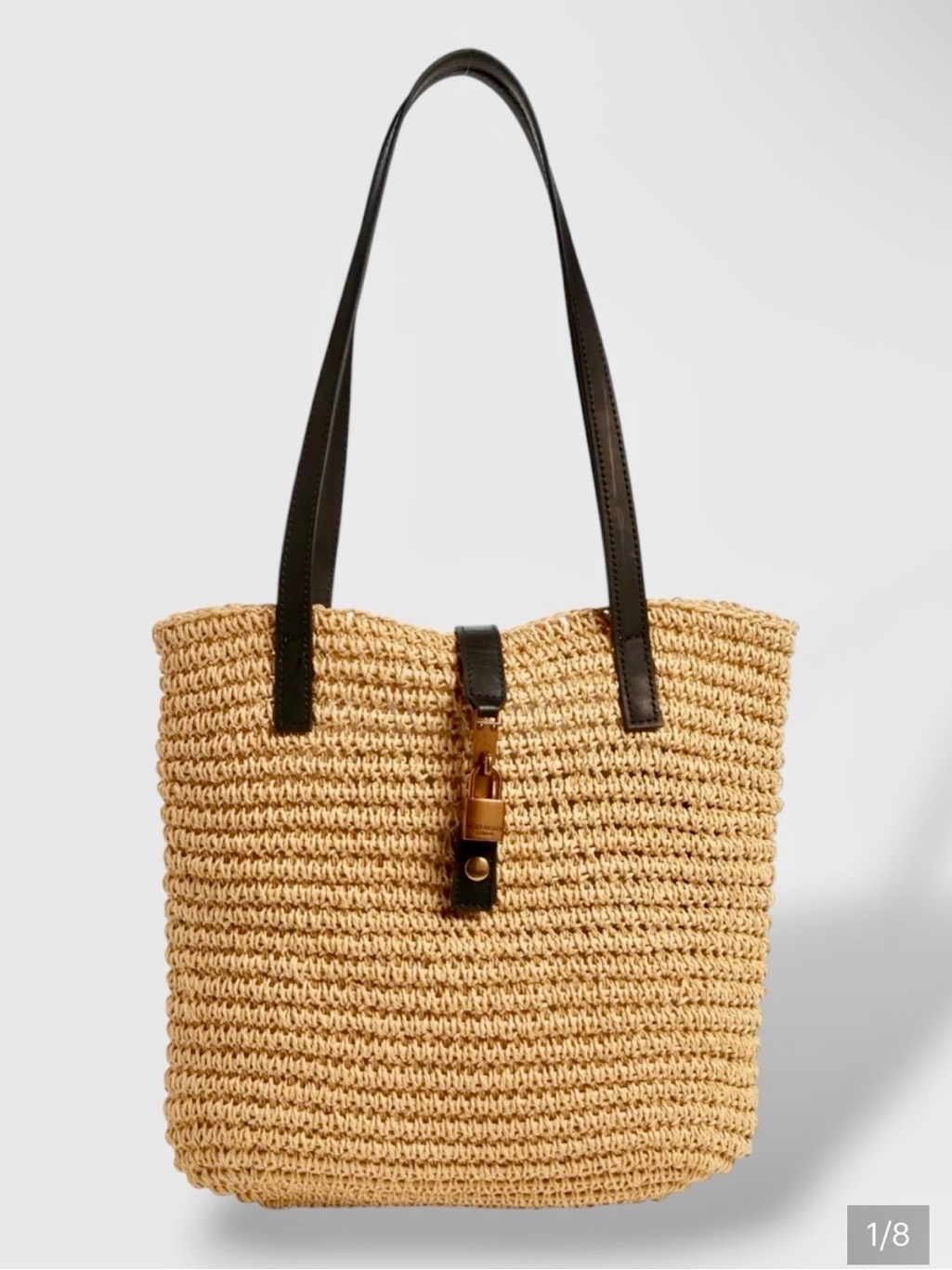 Kurt Geiger Brixton Natural Raffia Tote Black Leather Signature Lock Euc $200